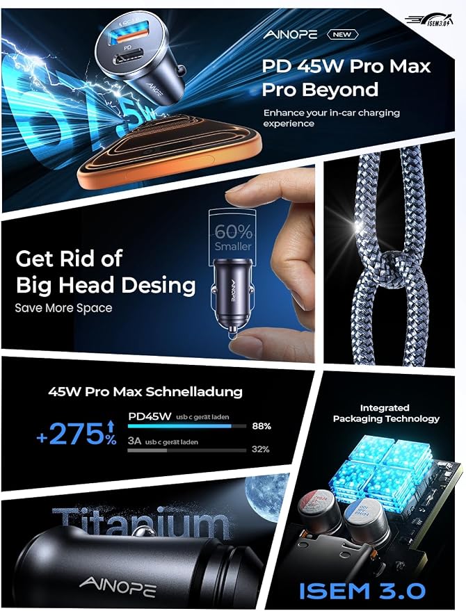 AINOPE 67.5W Car Charger USB C Fast Charge, PD 45W USB C Car Charger Fast Charging【Mini & Metal】 Cigarette Lighter Adapter USB-C Type C Car Charger for iPhone 17 16 15 Pro Max, for Samsung S26 S25