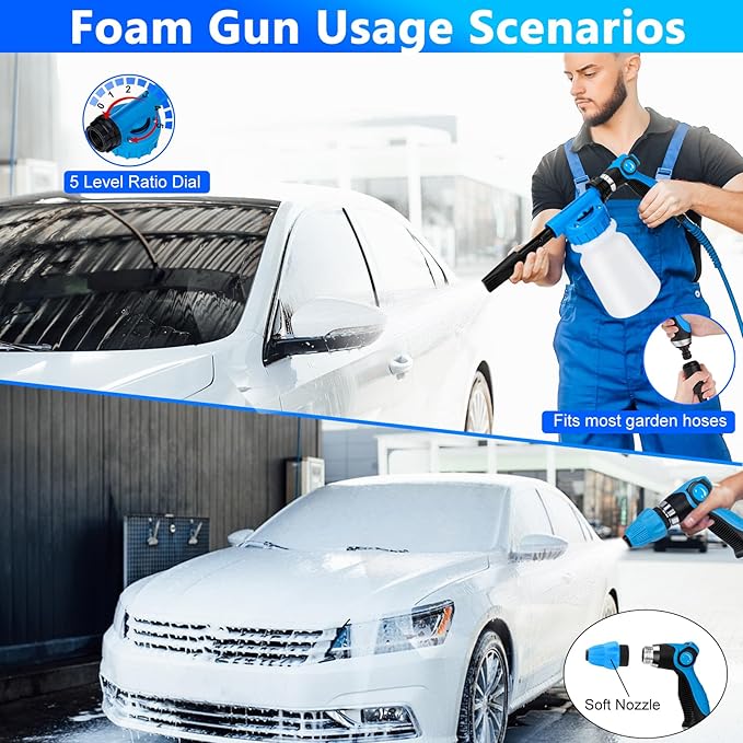 THINKWORK Car Wash Kit, Car Detailing Kit with Foam Gun, Car Wash Brush Mop and Large Folding Bucket Suitable for Car Cleaning, Blue Car Wash Set Gift for Men and Women