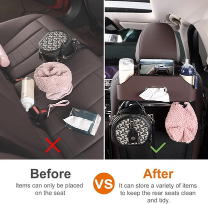 Car Rear Backseat Extra Multifunctional Drink Cup Holder Organizers with Tissue Storage Box Organizer & Hooks for Car Seat Back (Brown)