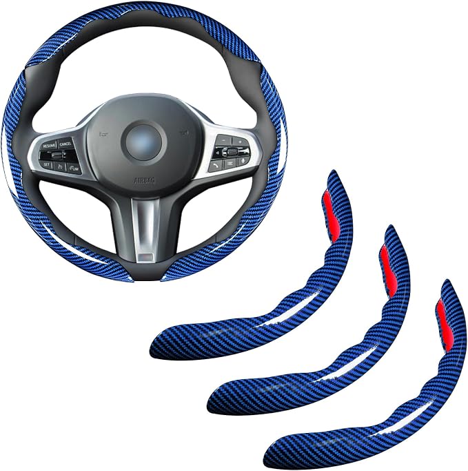 Car Steering Wheel Cover Set Bright Carbon Fiber Wrap Non-Slip 3pcs Steering Wheel Accessories 14.5-15 inch Universal (Blue)