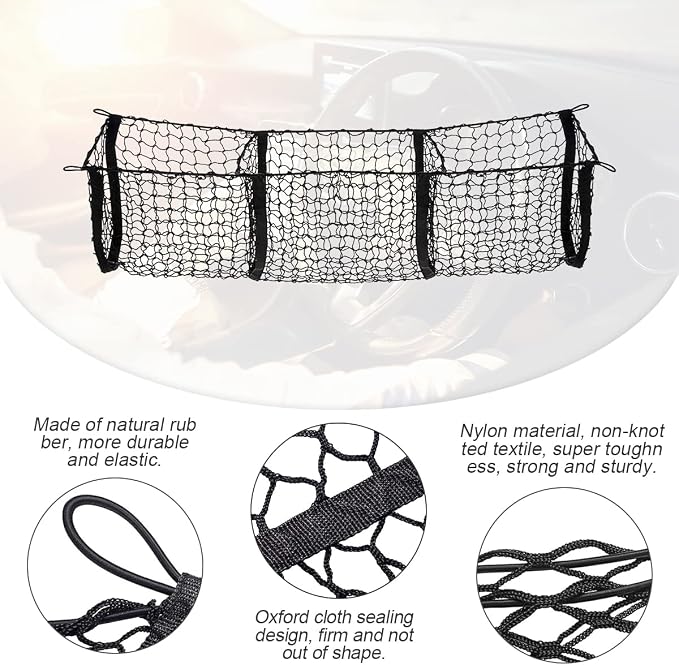 Cargo Net for Car, Expandable 3 Pocket Heavy-Duty Cargo Net Organizer, Black Mesh Storage Pocket with 4 Metal Carabiners Universal for Car, SUV, Pickup Truck, Van Trunk Bed