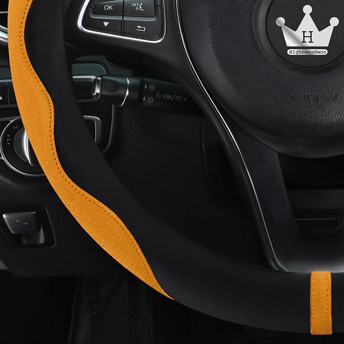 HighnessHwoo Luxury Suede Steering Wheel Cover for Cars, Soft Leather Padded Wheels Cover for Sedan, SUV, Thin Car Handle Cover, Universal Fit, Anti Slip, 14.75-15.15in, Orange