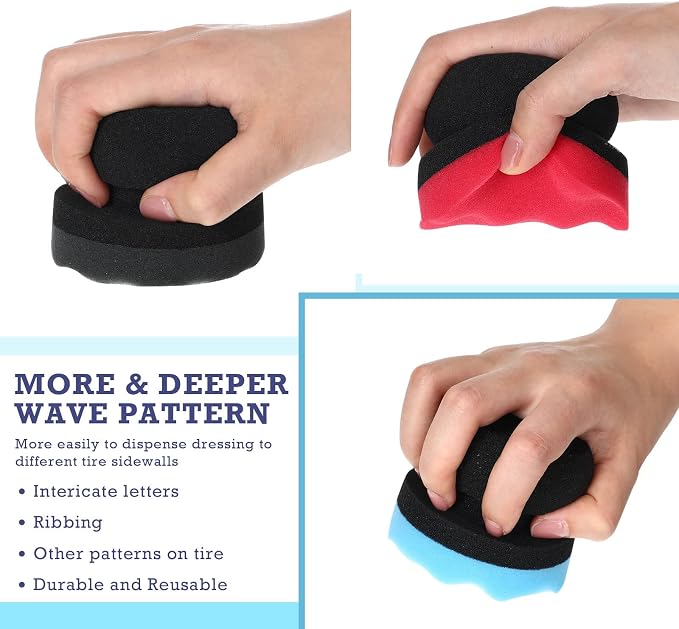 6 Pcs Tire Hex Grip Dressing Applicator Washable Tire Shine Applicator Dressing Pad Car Detailing Foam Sponge Reusable Tire Cleaner Sponge for No Slip Tire (Black, Red, Blue, 3.15 Inch Diameter)