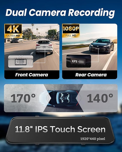 4K Rear View Mirror Camera with Carplay&Android Auto,12" Mirror Dash Cam Front and Rear with Voice Control for Cars&Trucks,Smart Touch Screen,64GB Card Included/Loop Record/Reverse Assist