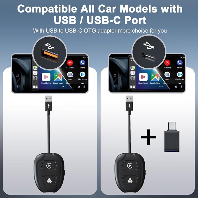 Wireless CarPlay Adapter for iPhone,Converts Factory Wired to Wireless,Plug & Play,Stable Control & No Delay,2025 Upgraded 2 in 1,USB A/C Port to iOS 10+ Android 10.0+
