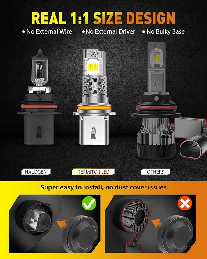 Termitor Upgraded 9004/HB1 Light Bulbs, 70,000LM 1000% Ultra Brightness, 70000+ Hours Lifespan, 1:1 Halogen Bulb Replacement Driving Light Bulbs, 6500K White Off-Road, Pack of 2