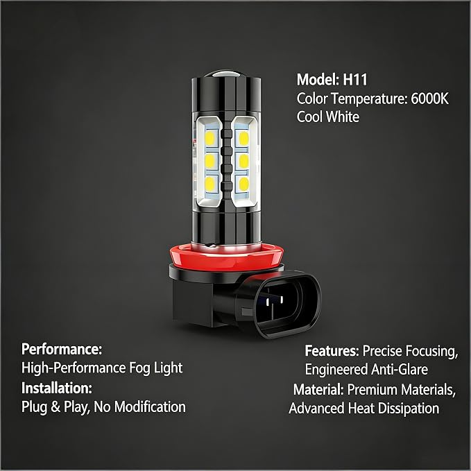H11/H8 Fog Light Bulbs for Honda Accord (2008–2012), 6000K Cool White High-Performance Fog Lamps, Enhanced Visibility in Night & Bad Weather, Plug & Play, Pack of 2