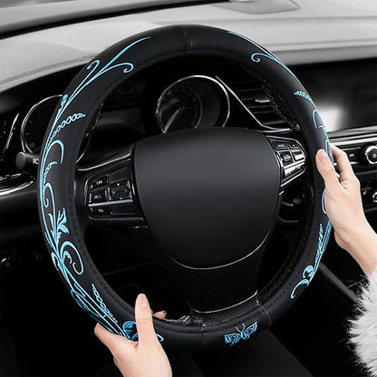 Blue Embroidery Butterfly Car Steering Wheel Cover,14.5-15 Inch Universal Leather Covers Breathable Anti-Slip Odorless Steering Wheels Accessories for Men Women