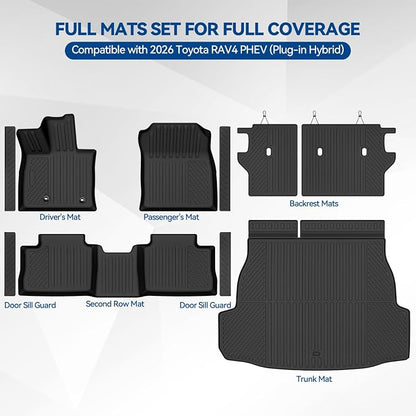 Custom Fit Floor Mats for 2026 Toyota RAV4 PHEV (Plug-in Hybrid), All Weather TPE Floor Liners & Trunk Mat & Backrest Mats & Door Sill Guard, Odorless Full Set Interior Accessories