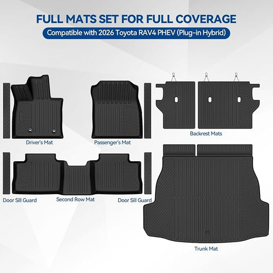 Custom Fit Floor Mats for 2026 Toyota RAV4 PHEV (Plug-in Hybrid), All Weather TPE Floor Liners & Trunk Mat & Backrest Mats & Door Sill Guard, Odorless Full Set Interior Accessories