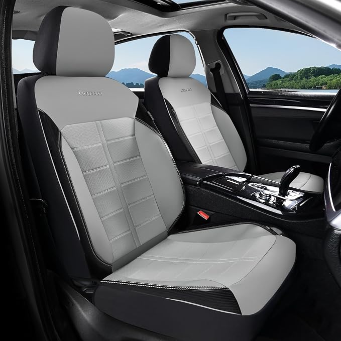 Coverado Front Seat Leather Covers, Full Leather Construction with Carbon Fibre Weave, Universal Fit for Most Cars SUV Trucks (Gray)