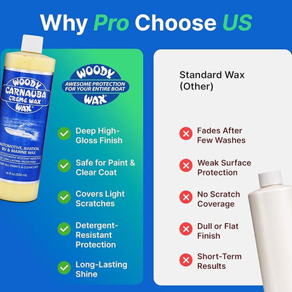 Woody Wax Carnauba Creme Wax, Professional High-Gloss Marine, RV & Aviation Wax, UV Protection for Paint & Clear Coat, Detergent Resistant Polymers, Covers Light Scratches and Removes Oxidation, 16 oz