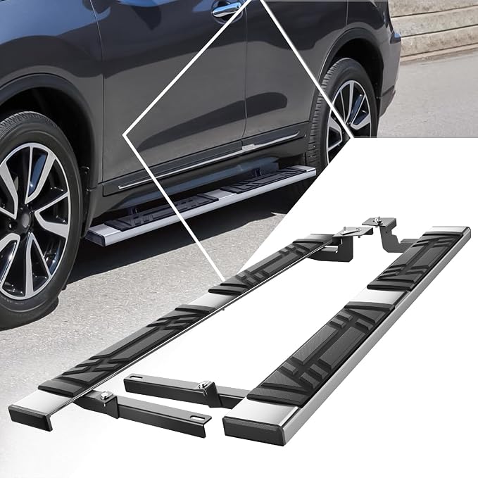 PM PERFORMOTOR 69" Running Boards Compatible with Nissan Rogue 2014-2020, Pair of Stainless Steel Side Rails Step Bars with 4 pcs brackets, Polished Chrome/Black