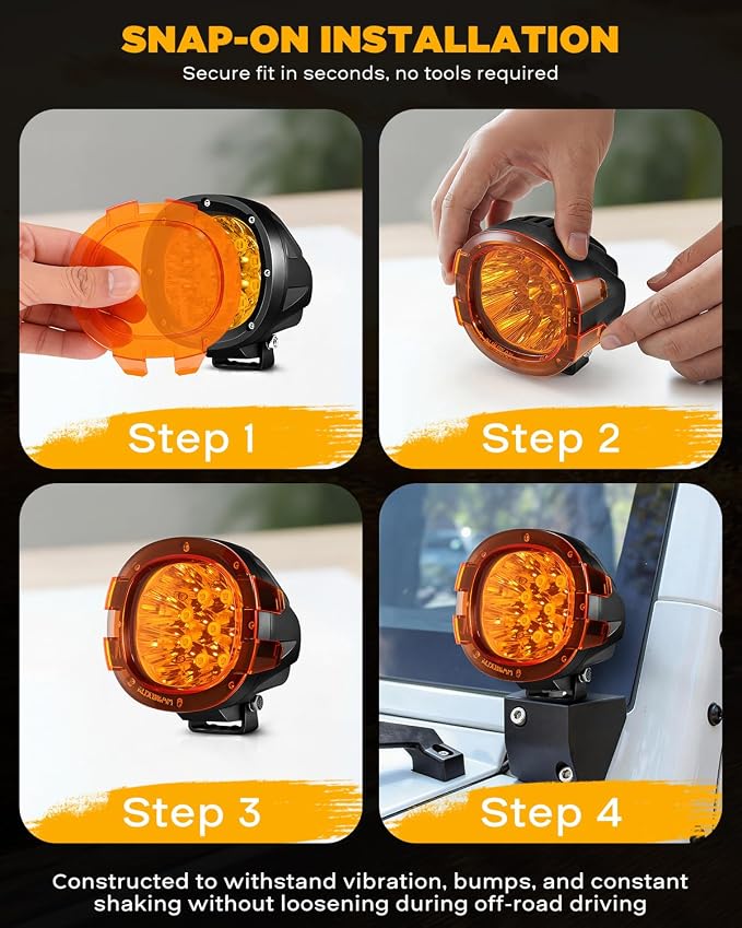 Auxbeam P4 Series 4 Inch Deep Amber Light Covers 2300K Dark Amber Tint Round Off-Road Light Lens Cap LED Pods Covers Reduce Glare for Fog & Dust Low Visibility, 2 Packs