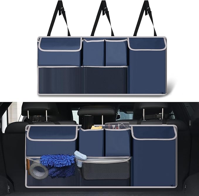UYYE Trunk Hanging Organizer, Backseat Storage Bag, Collapsible Car Interior Accessories with 4 Pockets & 2 Mesh Pouches for Tools, Provide More Storage Trunk Space for SUV, Jeep, MPVs (Drak Blue)