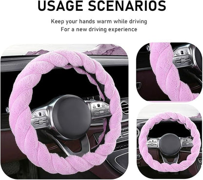 KVAEY Fluffy Car Steering Wheel Cover, 15 Inches Anti-Slip Round Fuzzy Winter Steering Wheel Protector, Soft Warm Plush Steering Wheel Cover for Women Girls, Car Accessories (Purple, D-Shaped)