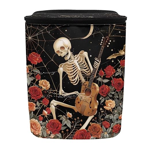 Skull Vintage Roses Pattern Car Trash Can with Lid and Zipper Portable Foldable Trash Bin for Car Interior Accessories Multipurpose Garbage Can Bags Storage Organizer Halloween Decor