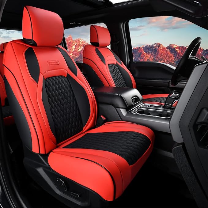Coverado Dodge Ram 1500 Seat Covers, Faux Leather Full Coverage Car Seat Covers Truck Seat Protector Fit for 2009-2018 Ram 1500 2500 3500 Crew/Mega Cab, Flat Front/Red