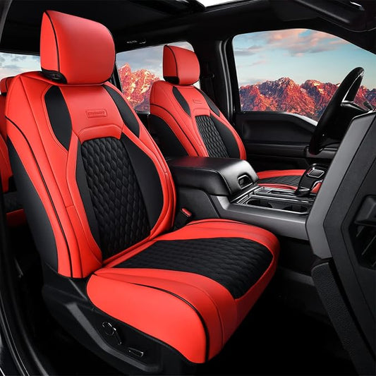 Coverado Dodge Ram 1500 Seat Covers, Faux Leather Full Coverage Car Seat Covers Truck Seat Protector Fit for 2009-2018 Ram 1500 2500 3500 Crew/Mega Cab, Flat Front/Red