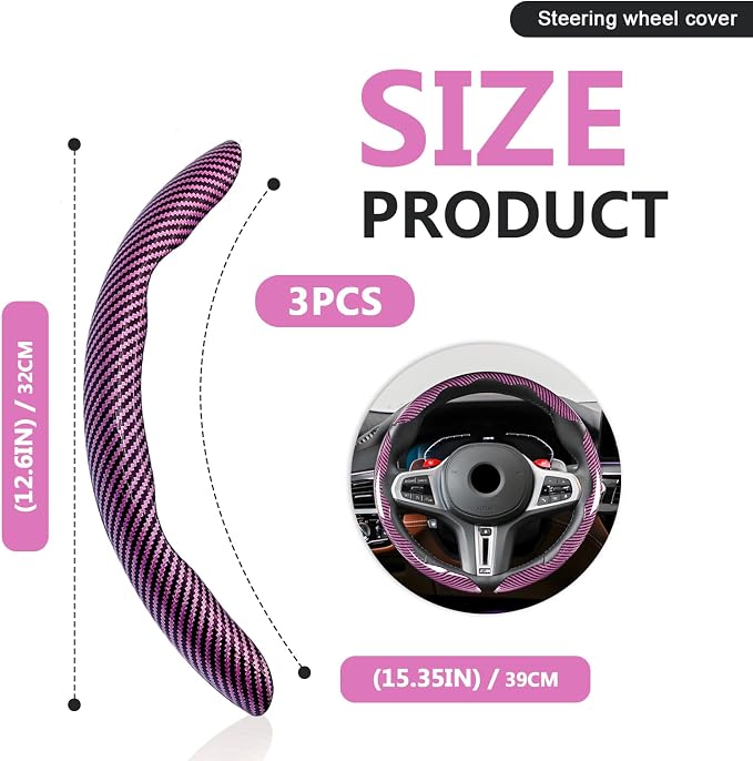 3pcs Universal Carbon Fiber Steering Wheel Cover - Anti-Slip & Segmented Design, Universal 99% Durable Steering Wheel Protector for Men and Women, Car Interior Accessory (Pink)