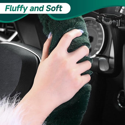 SEG Direct Furry Car Steering Wheel Cover with Gear Shift Cover, Soft and Warm, Cute Fluffy Auto Decor for Women Men, Standard Size, 2 PCS Set, Dark Green