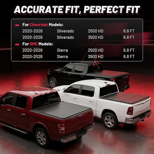 BDFHYK Hard Tri Fold Tonneau Cover for Chevy Silverado GMC Sierra 2500HD 3500HD 2020-2026 6'10" / 6.8 FT (82") Bed, Waterproof Truck Bed Cover with Anti-Theft Lock, for Camping and Work Trucks