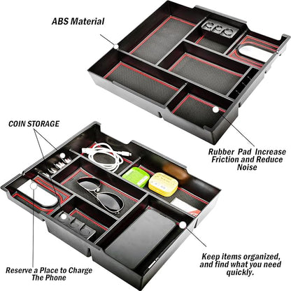 Center Console Organizer Compatible with 2014-2017 2018 2019 2020 2021 Tundra Accessories, Crewmax Interior Armrest Underseat Storage Box- Full-coverage Insert Tray, Red Trim