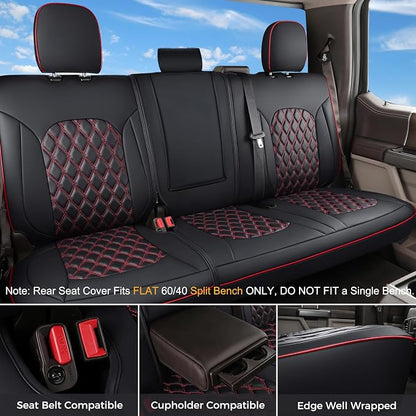 Huidasource Dodge Ram Front & Rear Seat Covers, Leather Car Seat Cover Full Coverage Waterproof Truck Seat Cushion Protector Fit for 2019-2025 RAM 1500 2500 3500 Crew/Mega Cab(Full Set/Black&Red)
