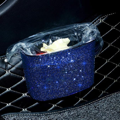 Bling Crystal Car Trash Can Auto Hanging Car Trash Can Sparkling Storage Holder Litter Container for Vehicle Office Home (Blue)