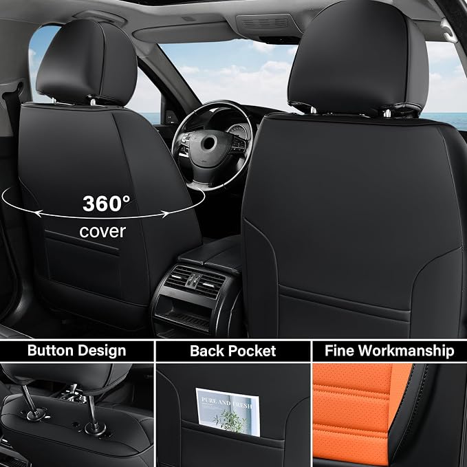 Coverado Waterproof Nappa Leather Car Seat Covers, Automotive Seat Covers，Front Car Seat Cushion & Car Seat Protector, Seat Covers Universal Fit for Most Cars, SUVs,Trucks,Black&Orange