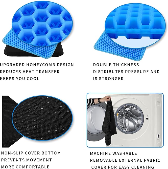 Gel Seat Cushion, Cooling Honeycomb Cushion for Long Sitting, Tailbone & Coccyx Pain Relief, Ergonomic Office Chair Pad, Breathable for Car Seat & Wheelchair(Blue)