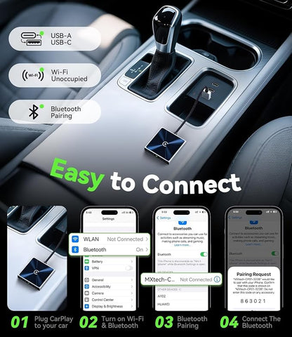 Wireless CarPlay Adapter for iPhone, Converts Wired to Wireless Apple CarPlay Adapter, Includes USB-A to USB-C Dongle, Easy Use, Stable Control, No Delay, Compatible with Cars from 2016 & iOS 10+