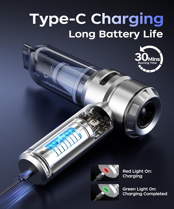 VNOST Car Vacuum,3 Suction Modes,Portable Mini Cordless Cleaner with 50000pa Suction Power,Type-C Charge,Handheld Vacuum for Home,Car,Birthday Gifts for Men Dad Husband (Silver)