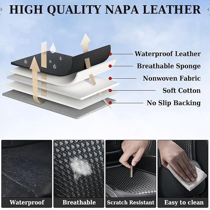 Coverado Car Seat Covers Full Set, Black Seat Covers for Cars, Waterproof Nappa Leather Automotive Seat Covers with Lumbar Head Pillow, Car Seat Protectors, Universal Fit for Most Cars SUV