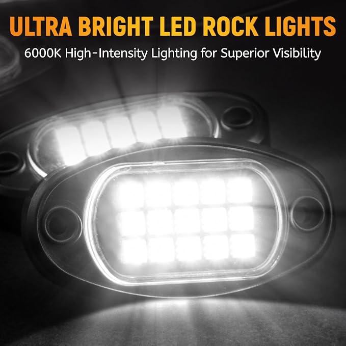 YONEDA 12 Pods White Rock Lights 6000K Pure White LED Underglow Lights IP68 Waterproof for Trucks SUV UTV ATV RZR Car Boats Motorcycle with 32.8ft Extension Wire