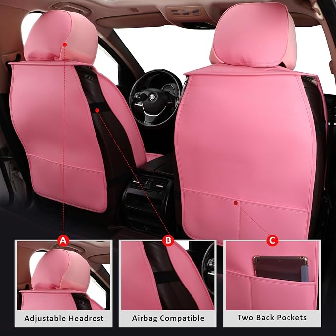 MIROZO Seat Covers Full Set Pink, Leather Car Seat Covers Waterproof Automotive Seat Covers Universal Car Seat Protector Seat Cover Set Vehicle Cushion Cover for Sedan, Truck and SUV (Full Set, Pink)