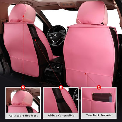 MIROZO Seat Covers Full Set Pink, Leather Car Seat Covers Waterproof Automotive Seat Covers Universal Car Seat Protector Seat Cover Set Vehicle Cushion Cover for Sedan, Truck and SUV (Full Set, Pink)