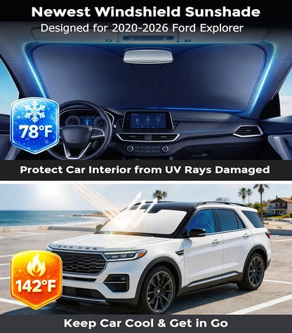 DMJN Front Windshield Sun Shade for Ford Explorer (2020-2026), [Nano Ice-Crystal Coatings] UPF50+ Heat & UV Block, Protect Car Interior & Keep Cool, Flodable Steel-Ring Car Cover for Summer