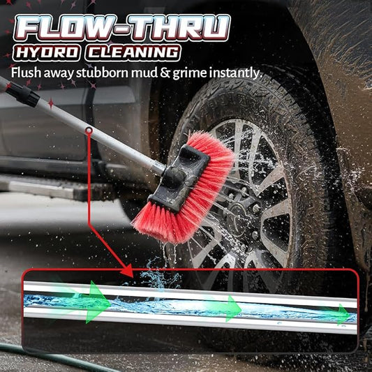 65 Inch Car Wash Brush with Long Handle, Universal Garden Hose Adapter Included, Flow-Thru Extension Pole for Truck RV Camper Roof, Soft Bristle Aluminum Cleaning Tool, Red