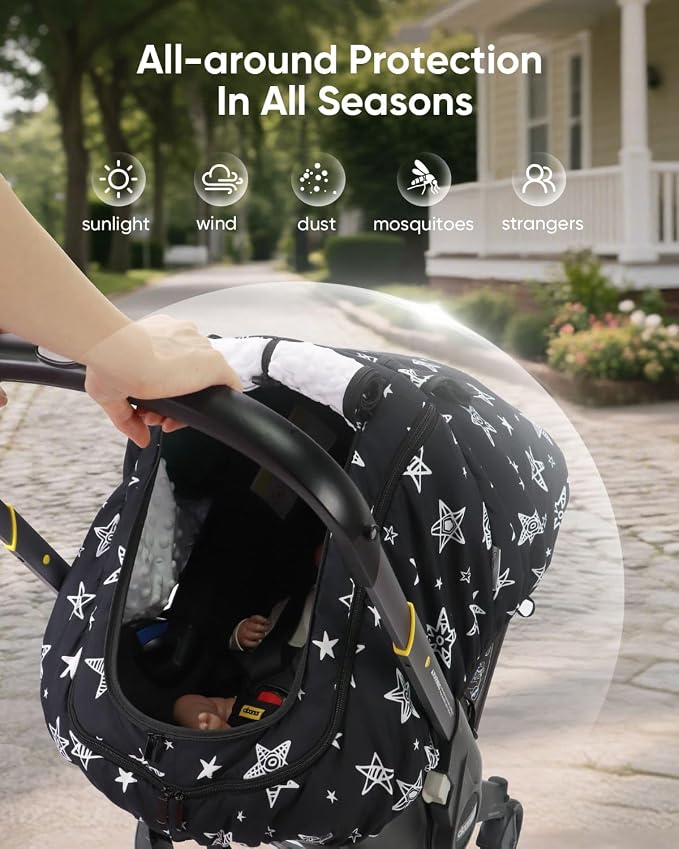 Car Seat Cover Baby Boy, Infant Car Seat Canopy Outdoor, 2 Layers with Mesh and Sun Shade Window for Summer Winter, Easy Access Carseat Covers Snug Fit Baby Stroller - Black Star