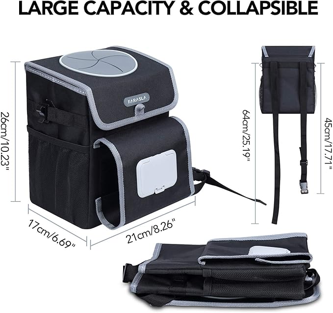 Farasla All-in-One Car Trash Can, Garbage Bag for Car with Removable Leakproof Interior Liner, Adjustable Tissue Holder & Straps(Black)