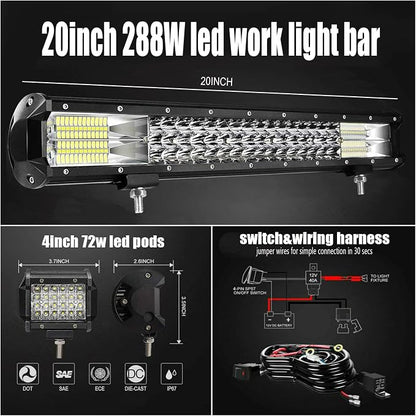 LED Light Bar Kits - 20 Inch LED Light Bar for Tuck and 4pcs 72w Light Pods with Wiring Harness 12V 24V Car Truck ATV Tractor Work Lights Waterproof Car Off Road Driving Lights