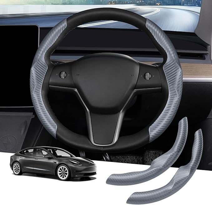Canvcle Steering Wheel Cover for Tesla Model 3/Y 2016-2025 2026 Highland/Juniper Accessories Carbon Fiber Steering Wheel Cover Protector Non-Slip, Comfortable, Breathable, Model 3/Y Accessories, Gray