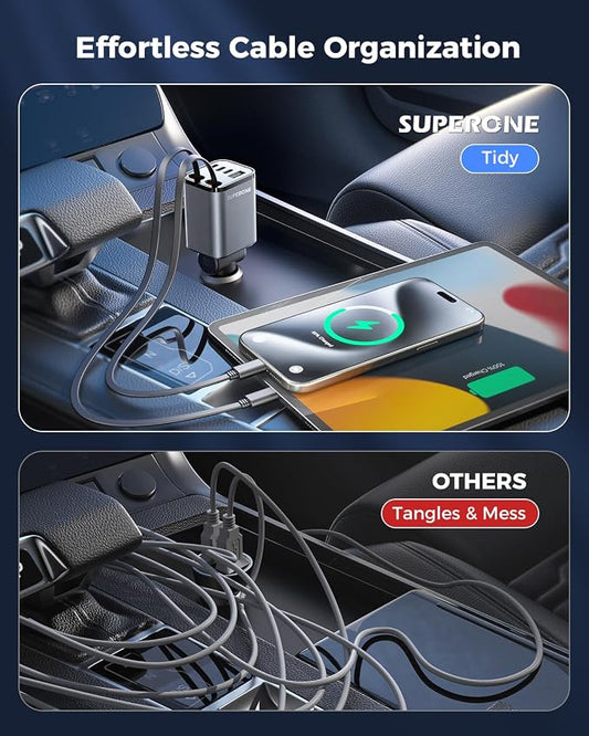 [Upgraded] 4 in 1 Retractable Car Charger, SUPERONE Smaller Fast Car Phone Charger 69W with Cord, USB C and iPhone Car Charger Adapter, Compatible iPhone 17/17 Pro Max/16/15/14/13/12/11, Sumsung