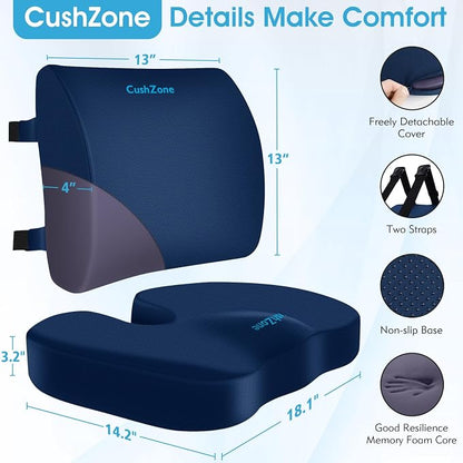 CushZone Seat Cushion, Lumbar Support Pillow with Adjustable Strap-Chair Cushions for Sciatica Pain Relief-with Washable Cover Memory Foam for Car, Travel and Wheelchair-Blue