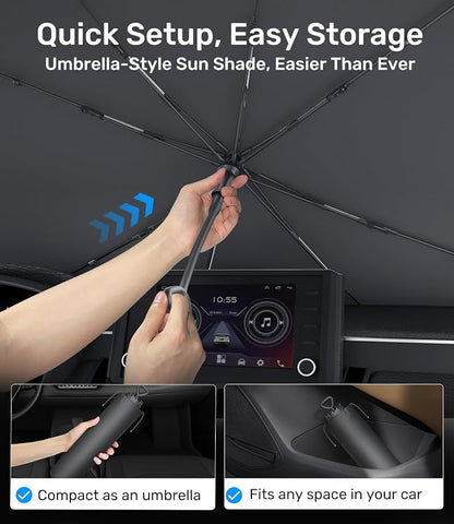 Zanch 2026 Upgraded Car Windshield Sun Shade [Cool Down by 75℉ ] with Heat Insulation Coating, Foldable Sunshade Umbrella with Flexible Handle & Ribs, Small (29''x53'') for Compact Cars, SUVs