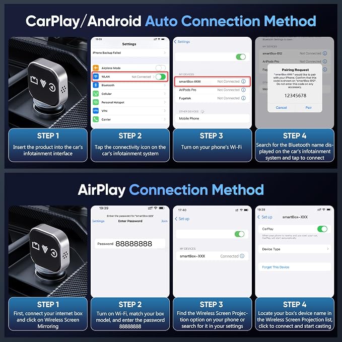 Wireless Car Adapter 3-in-1 Auto Adapter Converts Wired to Wireless with USB a to C Connector Plug and Play for Stable Phone Connection Navigation and Voice Control