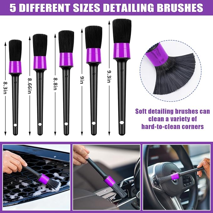 Windshield Cleaner Tool, 17Pcs Car Interior Detailing Kit, Detailing Brush, Towels, Duster, Car Cleaning Kit Interior for RVs, Truck, Trailer (Purple)