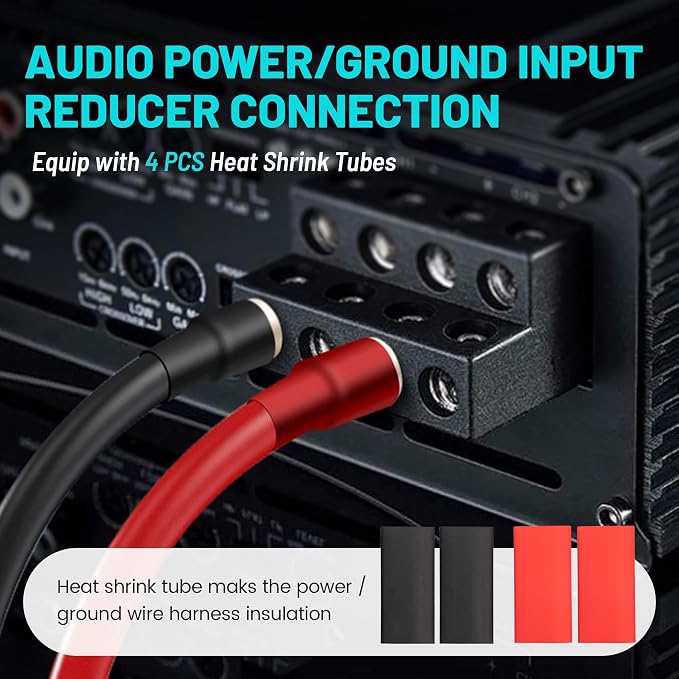 NuIth Amp Input Reducer 8 Gauge to 10 Gauge, 4PCS Car Audio Amplifier Wire Terminal Connectors Brass with Heat Shrink Tubing Allen Key for Amp Input, AWG Pin Power & Ground Connection
