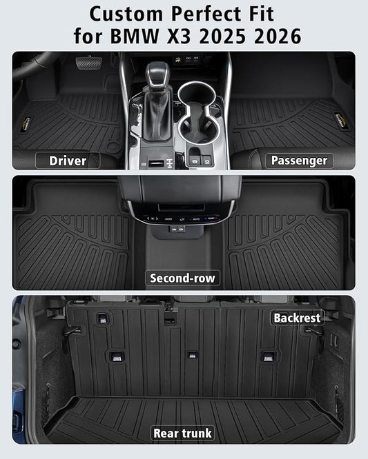 Floor Mats Custom Fit for BMW X3 2025 2026 M50/30 xDrive Trunk Mat with Backrest Mat All Weather TPE Rubber Cargo Liner Anti-Slip Full Set for BMW X3 Accessories (Trunk Mat+Backrest Mats+Floor Mats)